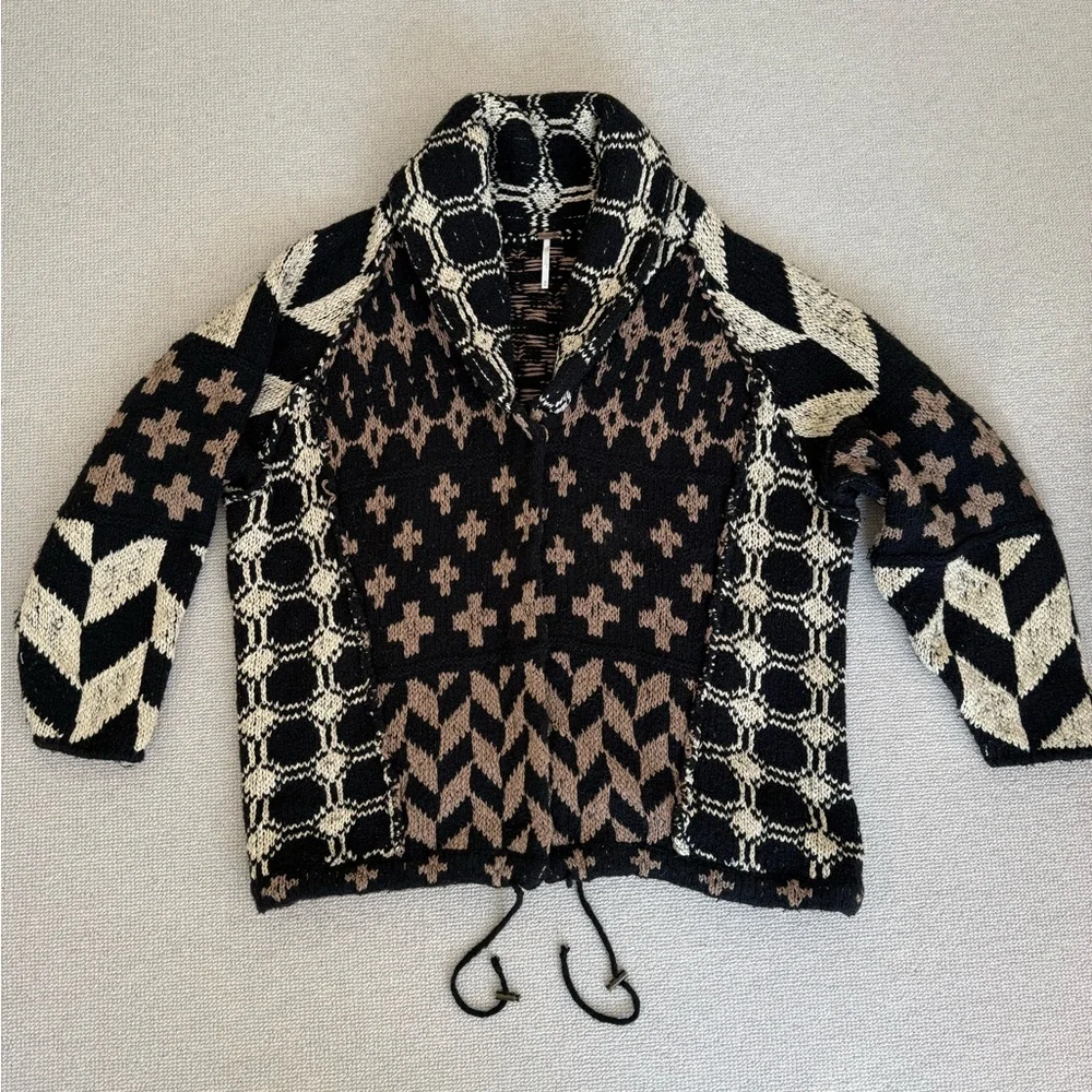 Free People Cardigan Sweater Bright & Optimistic Black Cream Brown Chunky - Picture 4 of 7